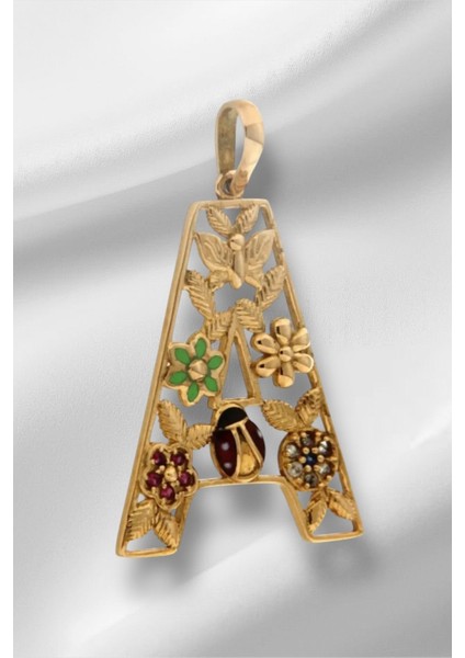 14 Ayar Altın A Harfli Çiçekli Cennet Bahçesi Kolye Ucu