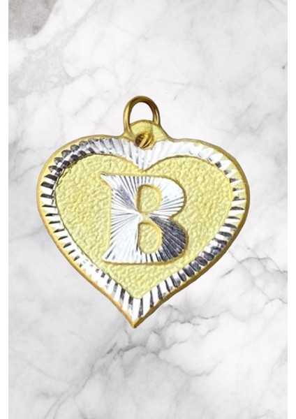 14 Ayar Altın B Harfli Nostaljik Kalp Kolye Ucu