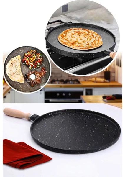 Gözleme ve Et Tavası Ocak Üstü Ekmek Bazlama Tavası Döküm Granit Çift Taraflı Tava