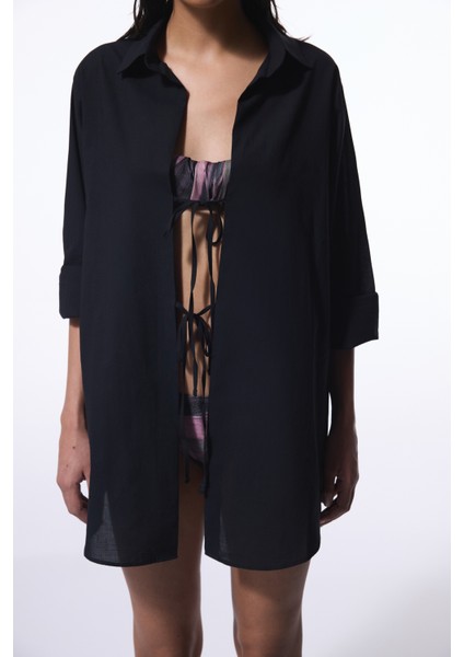 Berry Siyah Bağlama Detaylı Oversize Gömlek