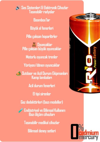 Rio 12LI Büyük Boy Pil R20 D-Size Pil D Boy Pil Oyuncak Pili Çinko Karbon Pil Zn-C 1.5 V