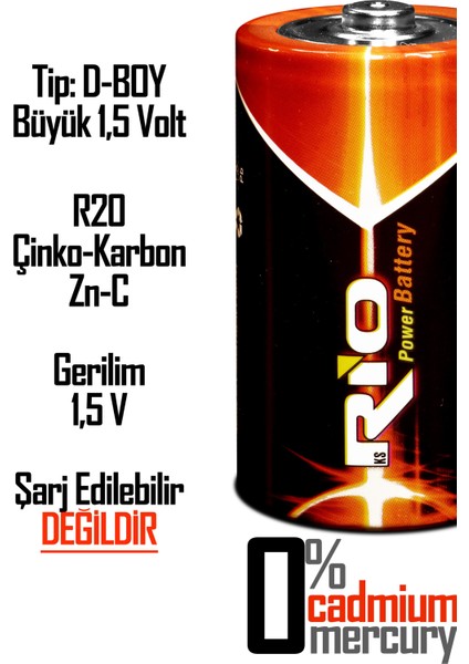 Rio 12LI Büyük Boy Pil R20 D-Size Pil D Boy Pil Oyuncak Pili Çinko Karbon Pil Zn-C 1.5 V