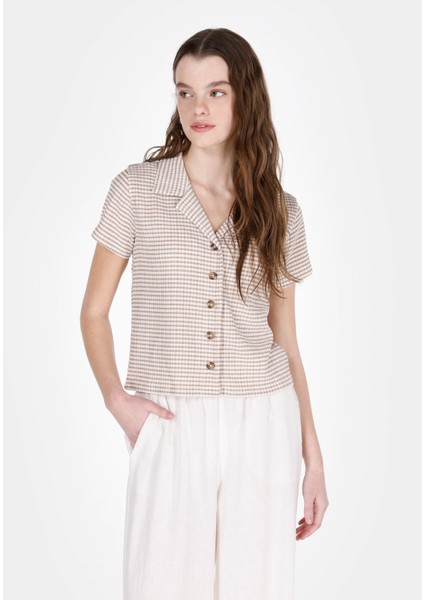 Slim Fit Polo Yaka Kareli Kadın Bej Kısa Kol Tişört