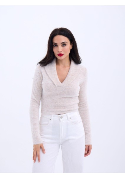 42531 Triko Simli Yakalı Crop-Ekru