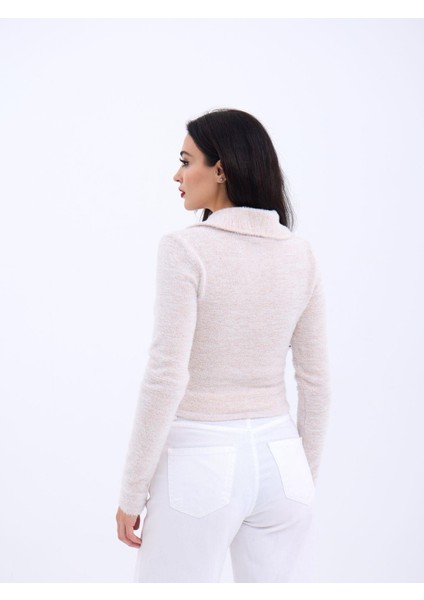 42531 Triko Simli Yakalı Crop-Ekru