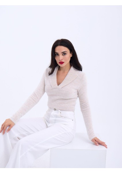 42531 Triko Simli Yakalı Crop-Ekru