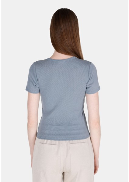 Slim Fit Yuvarlak Yaka Düz Kadın Mavi Kısa Kol Tişört fiyatları