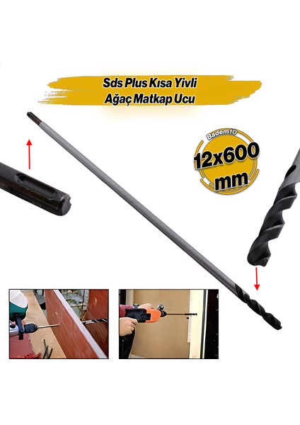 Matkap Uyumlu Sds Plus Ağaç Matkap Ucu Kısa Yivli 12 cm 60 cm 12 x 600 mm Hilti Ucu