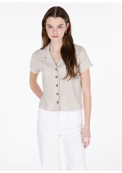 Slim Fit Polo Yaka Kareli Kadın Yeşil Kısa Kol Tişört