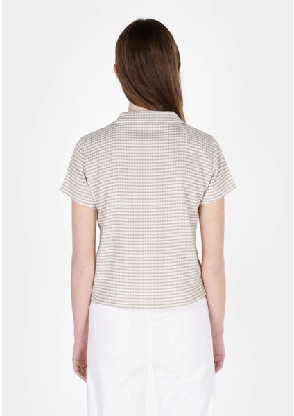 Slim Fit Polo Yaka Kareli Kadın Yeşil Kısa Kol Tişört fiyatları