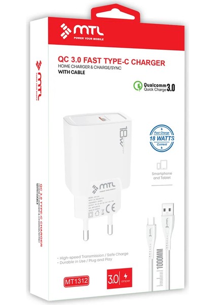 3 Amper 18W Type-C USB Hızlı Ev Tipi Şarj Seti MT1312 Mtl Aksesuar