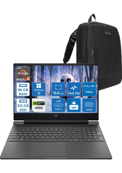 Victus Gaming 15-FB3013NT Amd Ryzen 5 8645HS 96GB Ddr5 512GB SSD Windows 11 Home RTX4050 6gb 15.6" Fhd (1920X1080) 144HZ IPS 300NİT Taşınabilir Bilgisayar B82WGEAH29 + Zetta Çanta