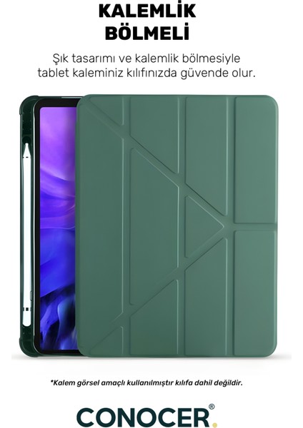 Apple iPad 11 A16 2025 10. Nesil 10.9 Tablet Kılıfı Kalem Bölmeli, Uyku Modlu, Katlanır, Tri Folding Stand