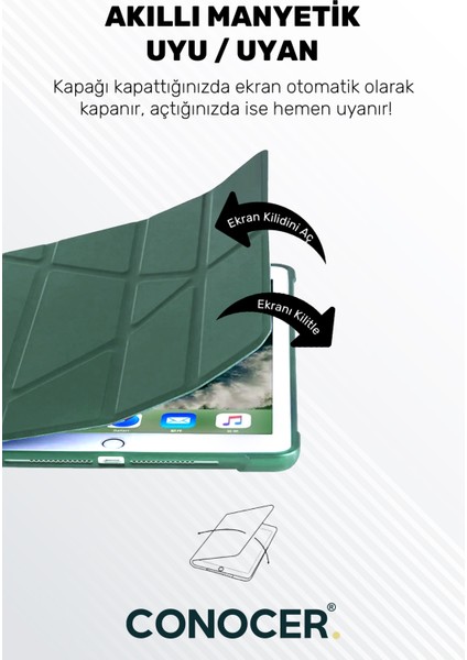 Apple iPad 11 A16 2025 10. Nesil 10.9 Tablet Kılıfı Kalem Bölmeli, Uyku Modlu, Katlanır, Tri Folding Stand