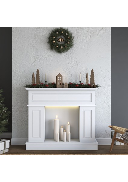 AH112 Led Işıklı Membran Kapaklı Dekoratif Desenli Raflı Gizli Depolamalı Yapay Şömine Beyaz