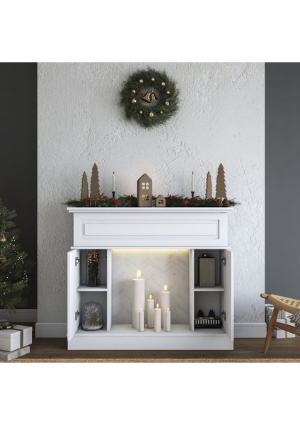 AH112 Led Işıklı Membran Kapaklı Dekoratif Desenli Raflı Gizli Depolamalı Yapay Şömine Beyaz modelleri