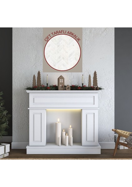 AH112 Led Işıklı Membran Kapaklı Dekoratif Desenli Raflı Gizli Depolamalı Yapay Şömine Beyaz fırsatları