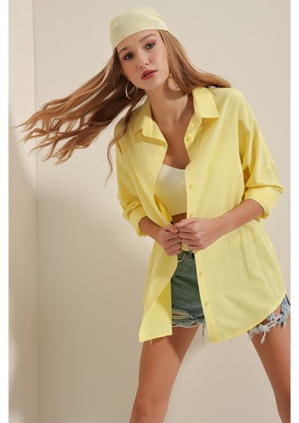 3900 Oversize Uzun Basic Gömlek - Sarı