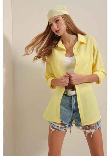 3900 Oversize Uzun Basic Gömlek - Sarı