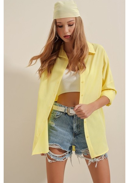 3900 Oversize Uzun Basic Gömlek - Sarı
