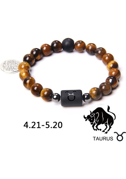 23CM Tarzı Boğa Burcu 12 Burç Doğal Kaplan Gözü Taş Boncuk Bilezik Yıldızlararası Esnek Hayat Ağacı Kolye Bileklik Erkek Kadın Takı (Yurt Dışından)