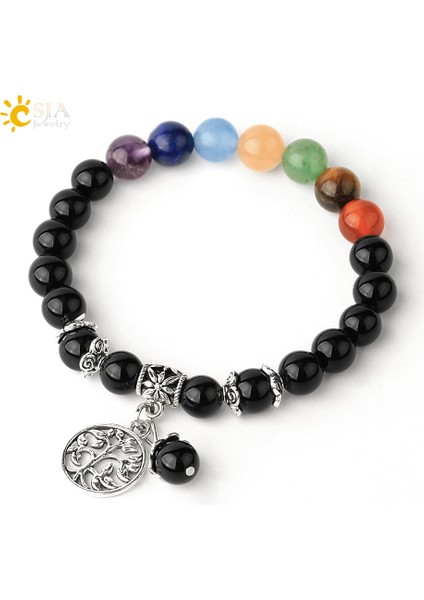 Siyah Akik Csja Yaşam Ağacı Charm Bilezikleri Reikakra Doğal Taş Esnek Kadın Bileklik 8mm Şifa Kristal Moda Takı G411 (Yurt Dışından)