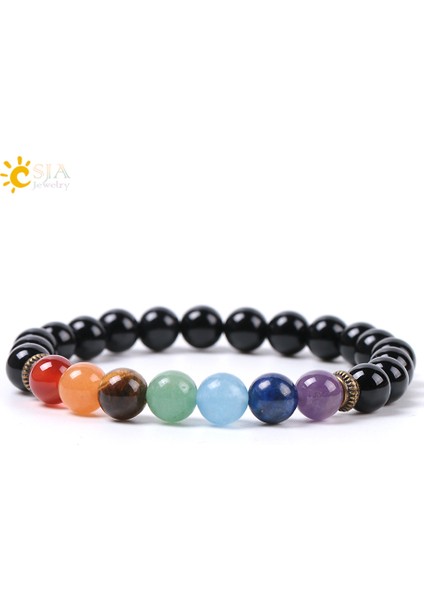 Csja Doğal Taş Bileklik Unisex Siyah Oniks Taş Boncuk 7 Reiki Çakra Yoga Şifa Denge Bilezik Bronz Kolye Takı E952 (Yurt Dışından) modelleri