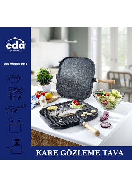 Çift Taraflı 36 cm Kare Çift Yönlü Granit Izgara Gözleme Tavası Gri