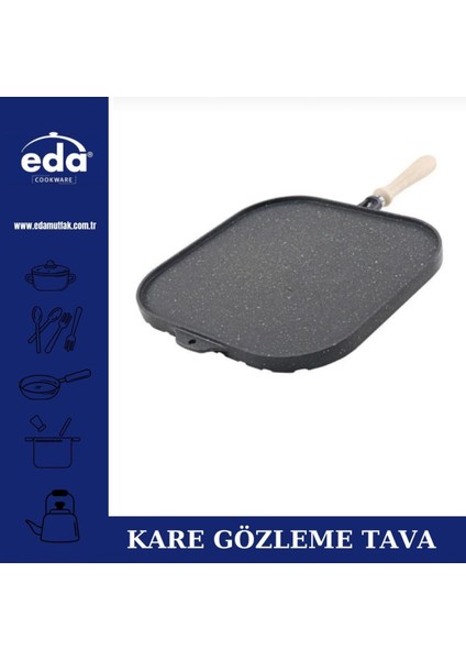 Çift Taraflı 36 cm Kare Çift Yönlü Granit Izgara Gözleme Tavası Gri