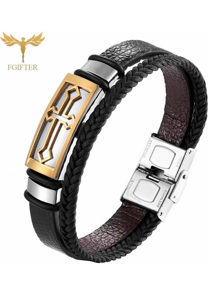 17CM Tarzı Altın Bileklik Vintage Erkek Çapraz Deri Bilezik Örme Halat Paslanmaz Çelik Aksesuarlar Hristiyan Bilek Takı Sıcak Satış Bilezik Homme (Yurt Dışından)