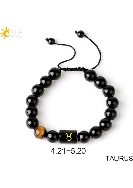 Boğa Burcu Csja Fengshui Siyah Obsidyen Bileklik Kadınlar Doğal Taş Kolye 12 Burç Yıldız Işaretleri Dilek Bilekliği G826 (Yurt Dışından)
