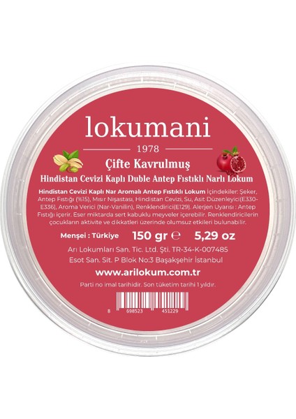 Hindistan Cevizi Kaplı Çifte Kavrulmuş Duble Antep Fıstıklı Narlı Lokum 150 gr fiyatları