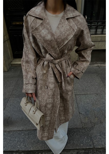 Yılan Desen Trench - Bej