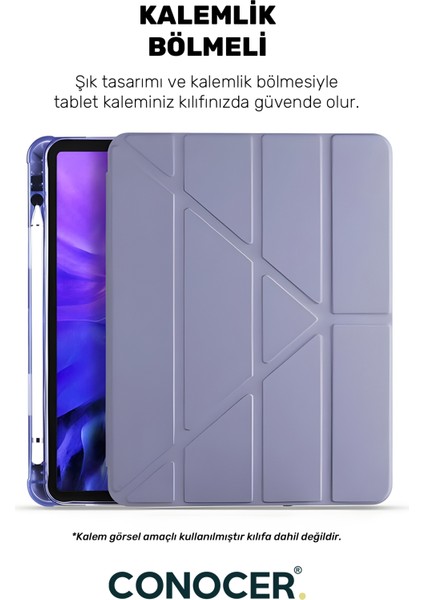 Apple iPad 11 A16 2025 10. Nesil 10.9 Tablet Kılıfı Kalem Bölmeli, Uyku Modlu, Katlanır, Tri Folding Stand