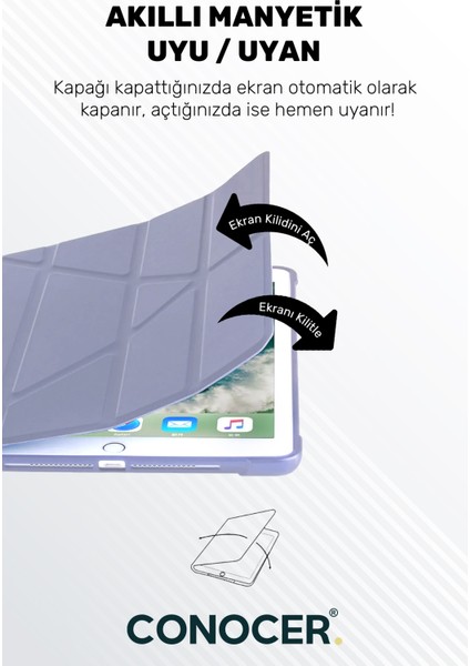 Apple iPad 11 A16 2025 10. Nesil 10.9 Tablet Kılıfı Kalem Bölmeli, Uyku Modlu, Katlanır, Tri Folding Stand