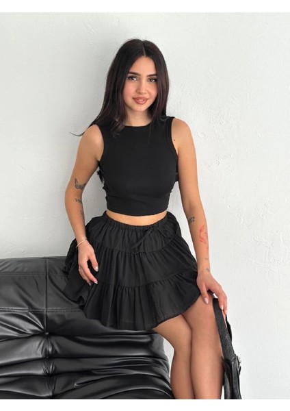 Keten Şortlu Etek - Siyah