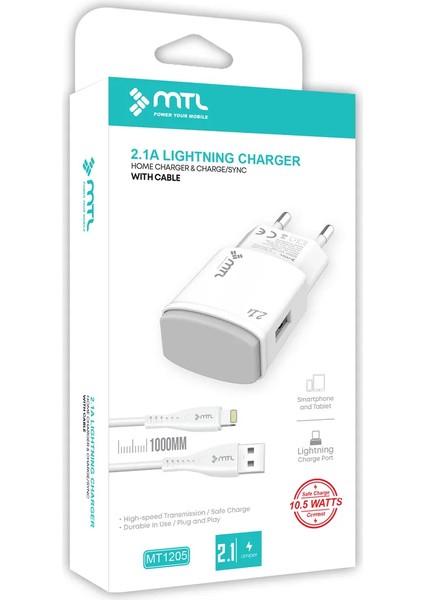 Iphone Lightning USB Ev Tipi Şarj Seti 2.1 Amper 10.5W MT1205 Mtl Aksesuar
