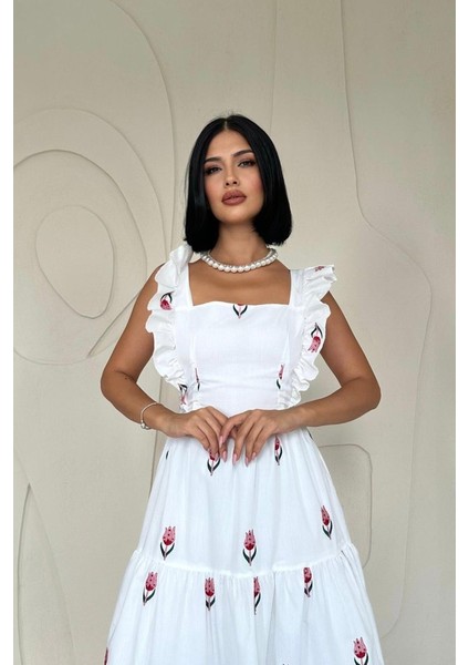 Kırmızı Sıfır Kol Fırfırlı Elbise