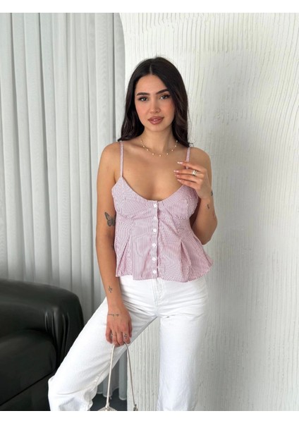 Askılı Dekolte Deraylı Crop - Kırmızı