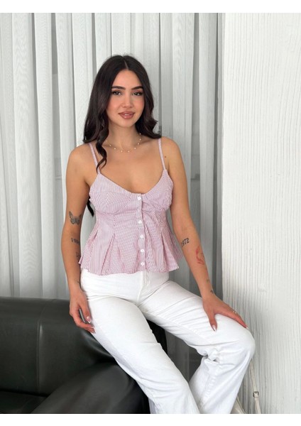 Askılı Dekolte Deraylı Crop - Kırmızı