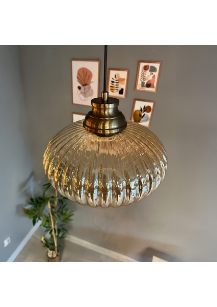 Elegant Cam Tekli Bal Rengi Avize Eskitme Kum Saati Başlık Sarkıt Lamba Restoran Salon Aydınlatma
