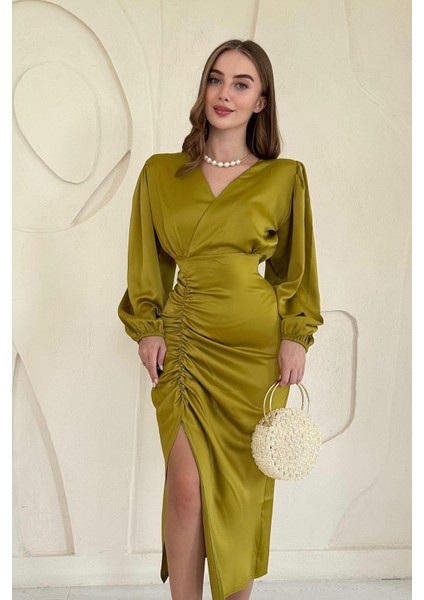 V Yaka Saten Elbise modelleri