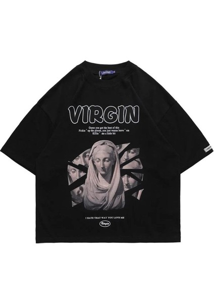 Siyah Virgin Baskılı Oversize T-Shirt