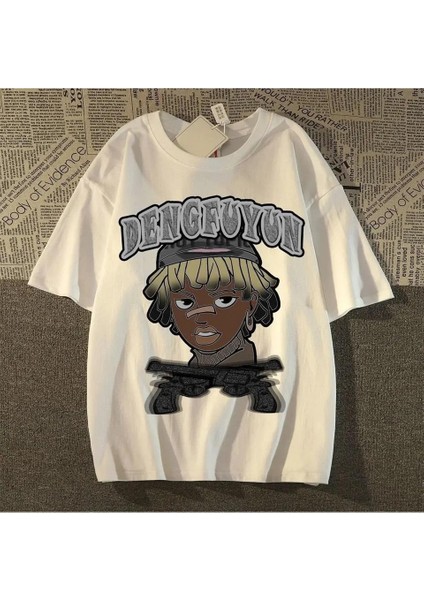 Beyaz Dengfuyun Hip Hop Baskılı Oversize T-Shirt