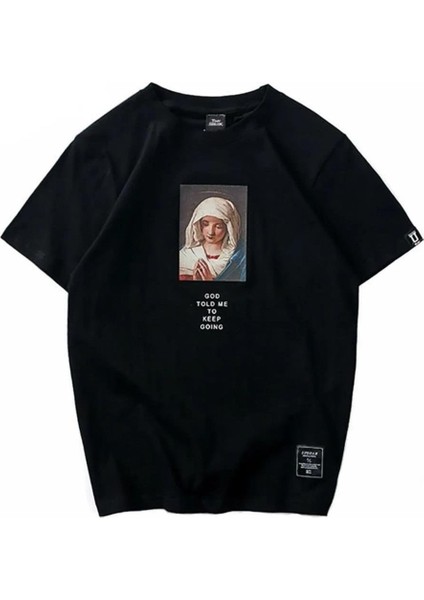 Siyah Virgin Mary Baskılı Oversize T-Shirt