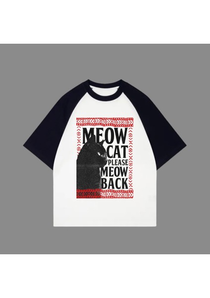 Beyaz Siyah Reglan Meow Cat T-Shirt