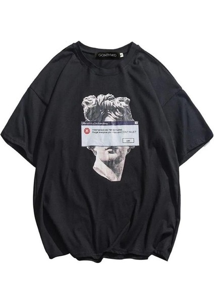 Siyah Michelangelo Heykeli Baskılı Oversize T-Shirt