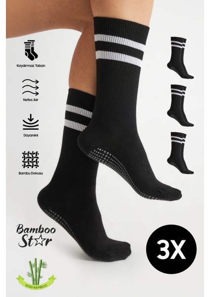 Bambu Kadın Siyah Kaydırmaz Taban Silikon Baskı Yoga Fitness Pilates Bale Dans Tenis Çorabı 3'lü