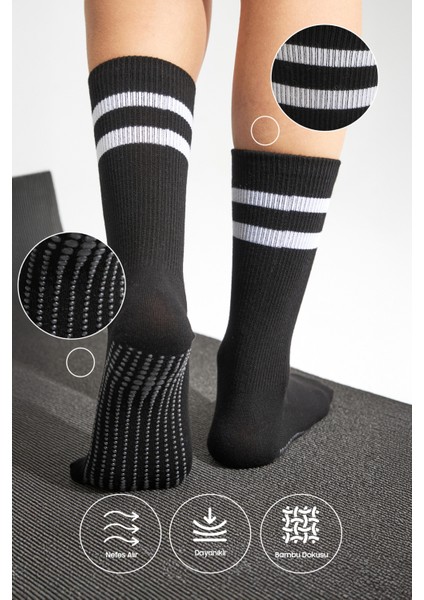 Bambu Kadın Siyah Kaydırmaz Taban Silikon Baskı Yoga Fitness Pilates Bale Dans Tenis Çorabı 3'lü fiyatları