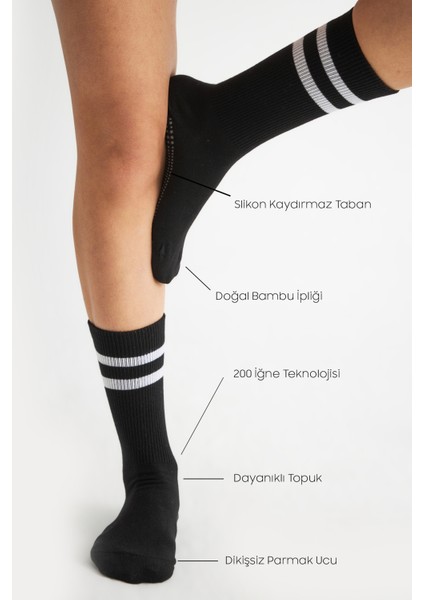 Bambu Kadın Siyah Kaydırmaz Taban Silikon Baskı Yoga Fitness Pilates Bale Dans Tenis Çorabı 3'lü modelleri